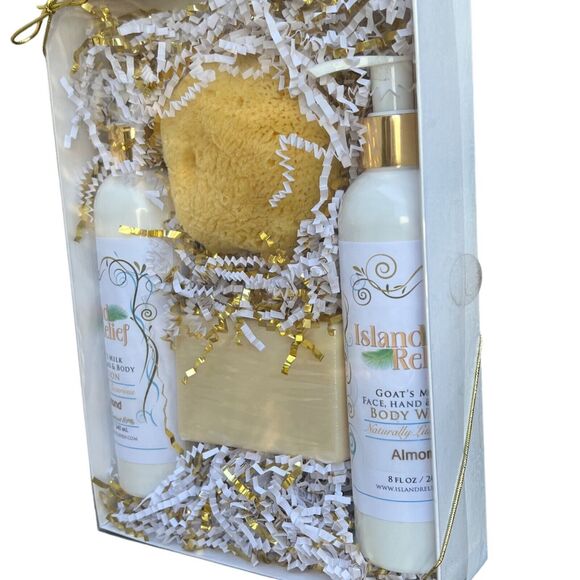 Island Relief Gift Set Goats Milk Lotion Body Wash Soap And Sponge - Almond NEW - Picture 3 of 9
